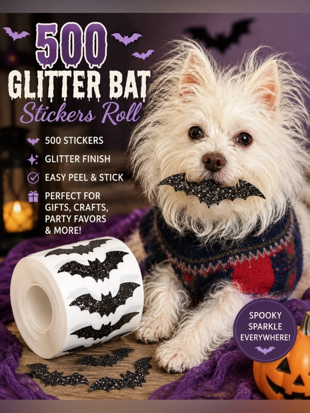 🦇 500 Glitter Bat Stickers Roll | Halloween Seals | Party Favor & Gift Wrap
